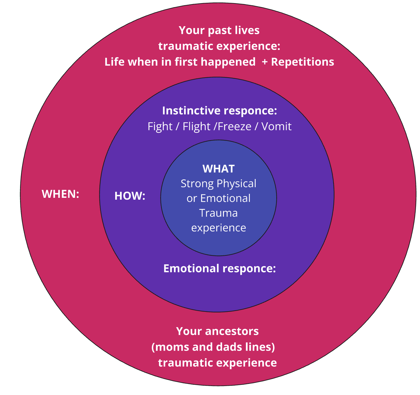 Emotional trauma diagram — layers of past lives, instinctive and emotional response, and ancestral experience